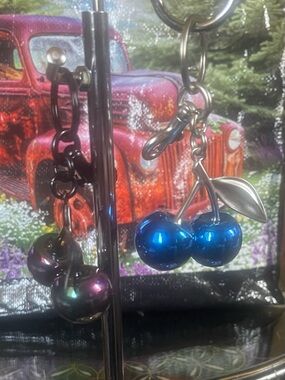 Iridescent Blue or Purple Cherry Keychain Charms in Gun & Brushed Silver Metal